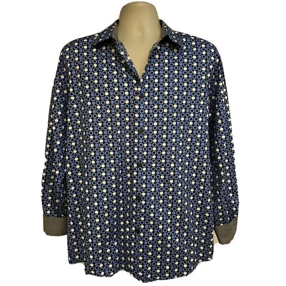 Michael Kors Tailored Fit Blue Button Front Shirt Large Contrast Collar Cuffs - Picture 1 of 12